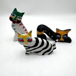 Colorful Vintage Ceramic Cat Set of 3 Figurines Sitting Cat Rests on Black Cat